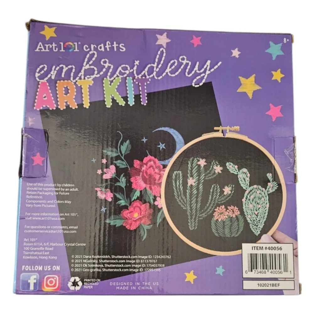 Art 101 Crafts Embroidery Art Kit Two Designs Floral w/Moon & Cactus Preprinted